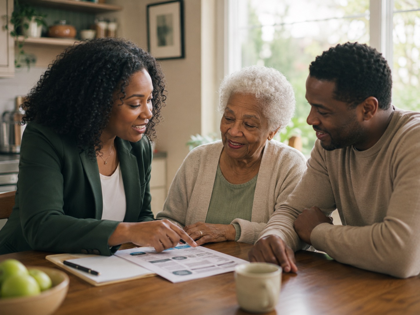 An Ascension Community Services team member reviewing a plan of care with a client and family member at home